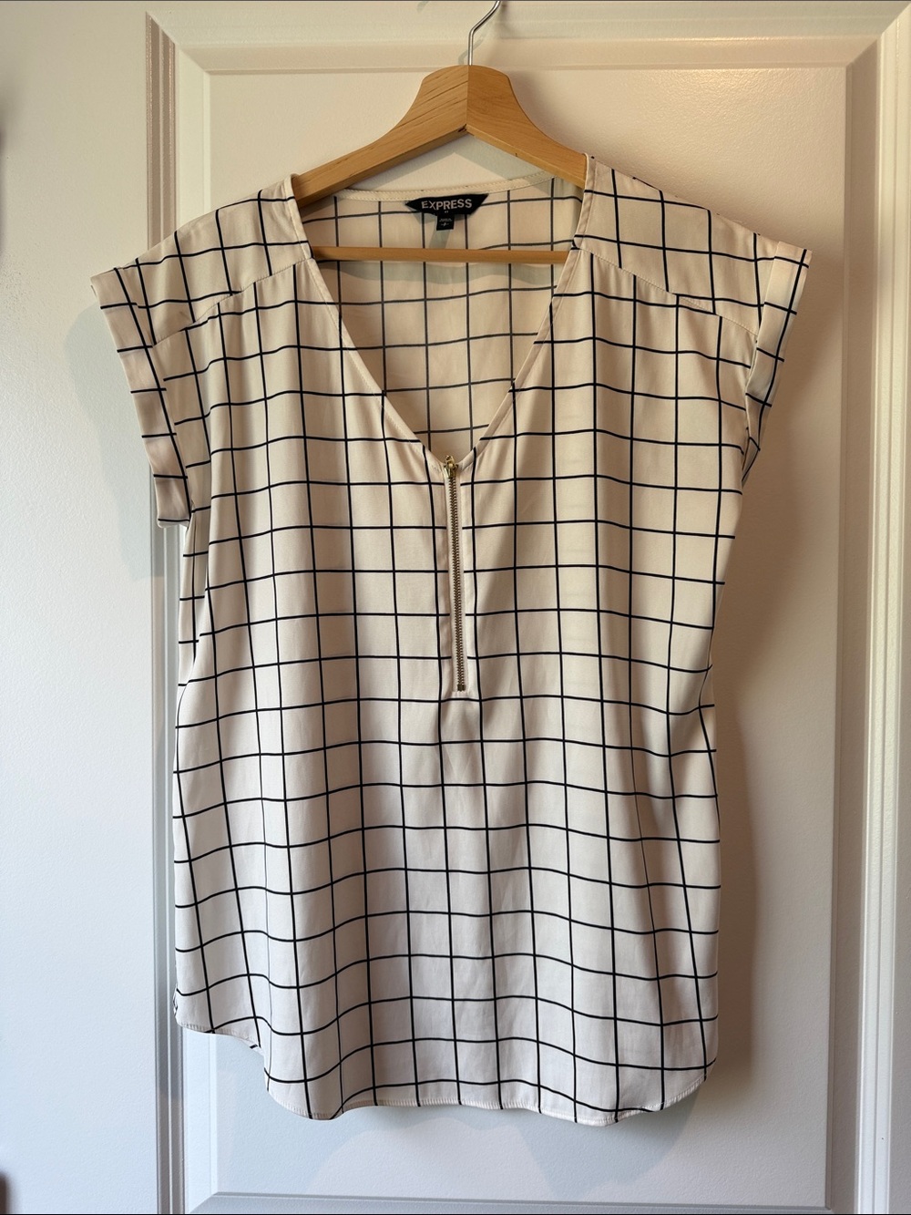 Express White Cream Grid-Print Zip Front Blouse